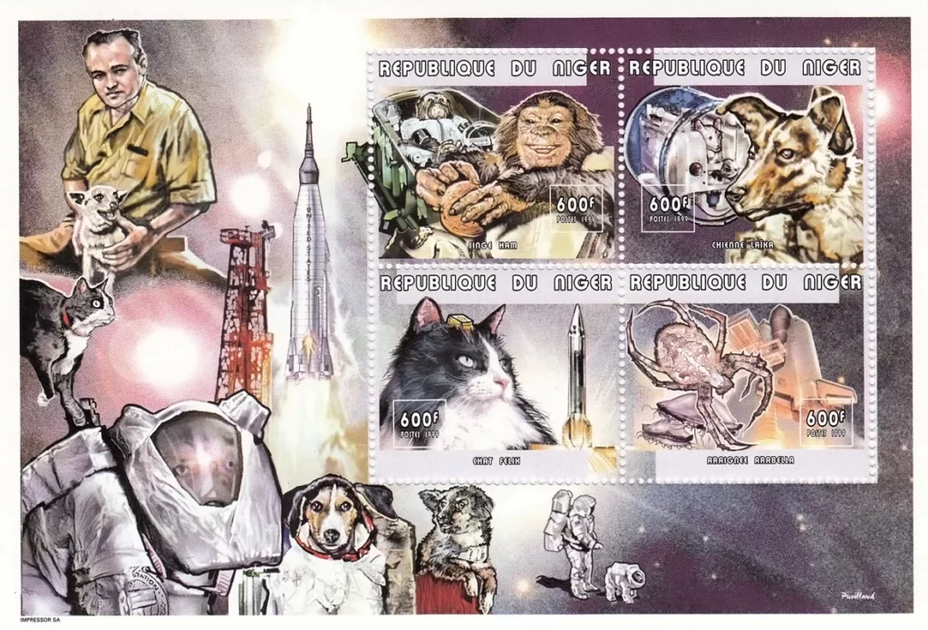 Почтовые марки с животными, побывавшими в космосе.