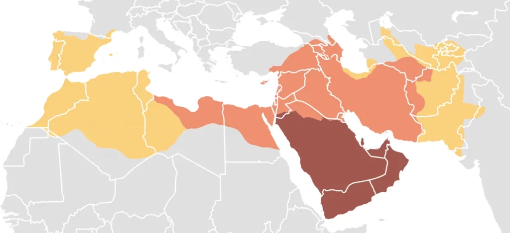 Арабский халифат и его расширение в 7-8 веках (от более темного цвета к более светлому)