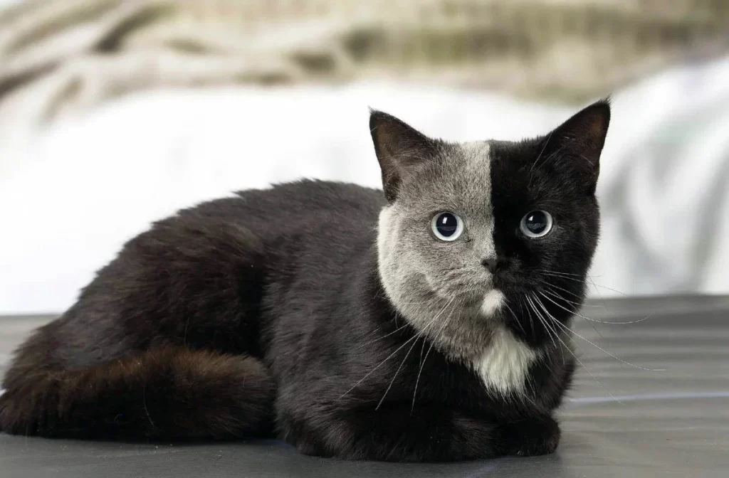 Перед вами кот-химера. У животных-химер в одном теле живёт два организма. То есть генетически в этом котике живет еще один котик другого цвета.