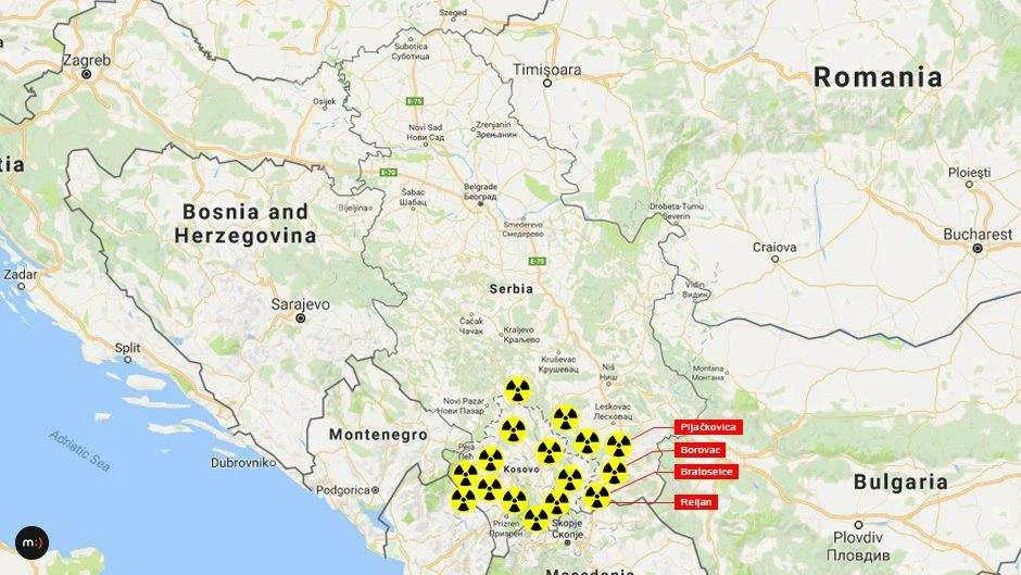 Районы бомбардировок урановым снарядами в Сербии.