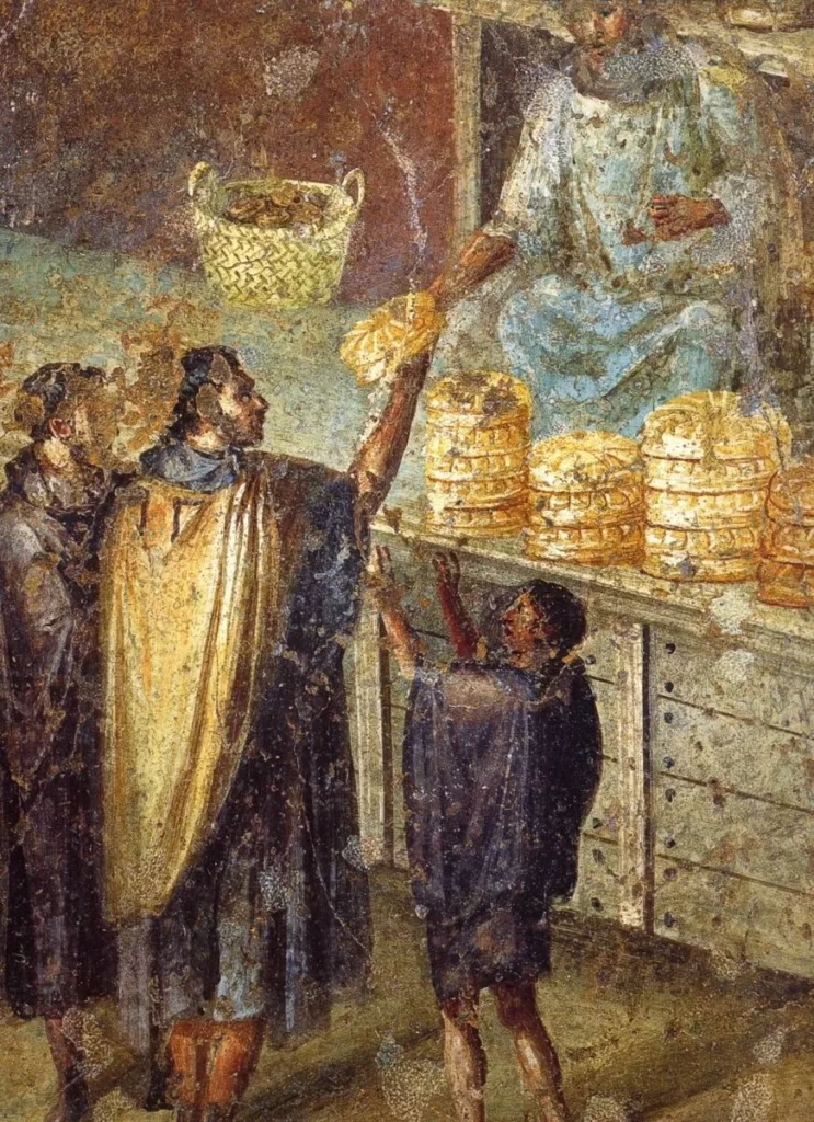 Эдил (чиновник) в тоге раздаёт хлеб плебсу. Мозаика из Помпей, I в. до н.э.