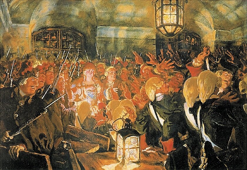 "Преображенцы провозглашают императрицей Елизавету Петровну", картина Е. Е. Лансере.
