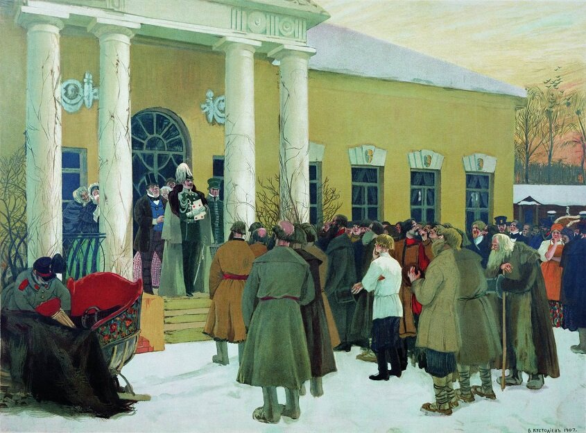 "Освобождение крестьян", картина Б. Кустодиева